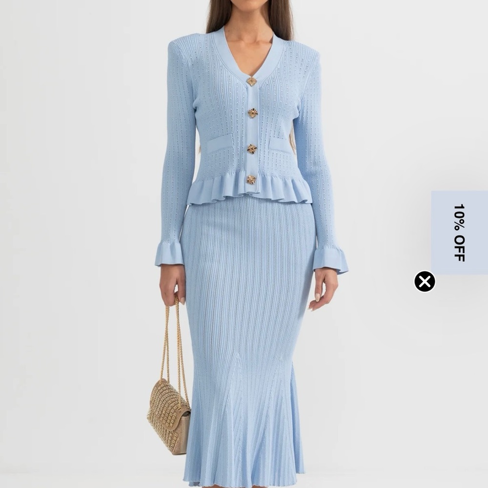 Light Blue Knit Skirt Set with Peplum Cardigan